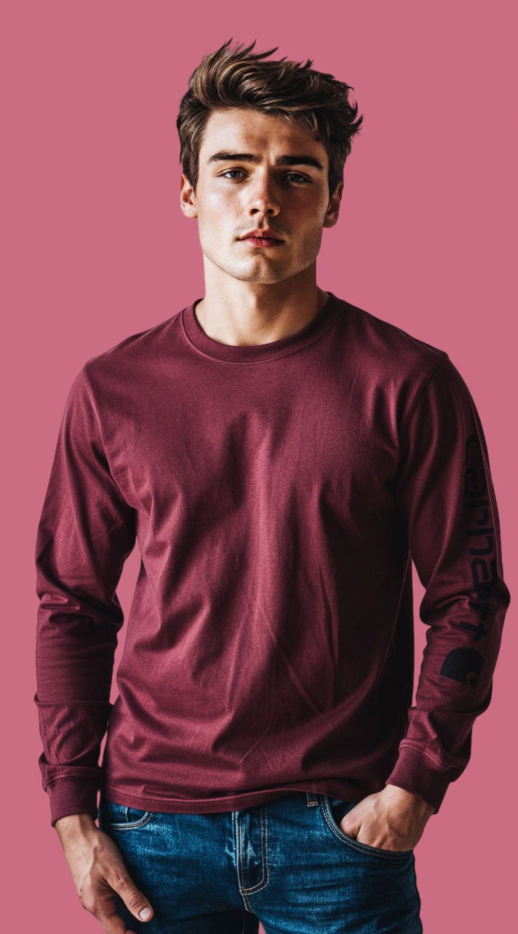 Carhartt Men's Loose Fit Long Sleeve Logo T-Shirt in Port (Burgundy)